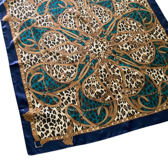 Satin Square Leopard Chain Bit Bridle Boho Scarf Neck teal blue Old Money 💖 - Picture 5 of 16